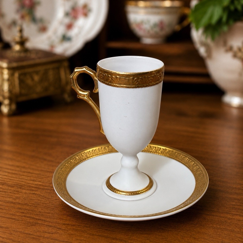 Antique Villeroy & Boch Bisque Footed Demitasse Espresso Cup Saucer Gold Trim